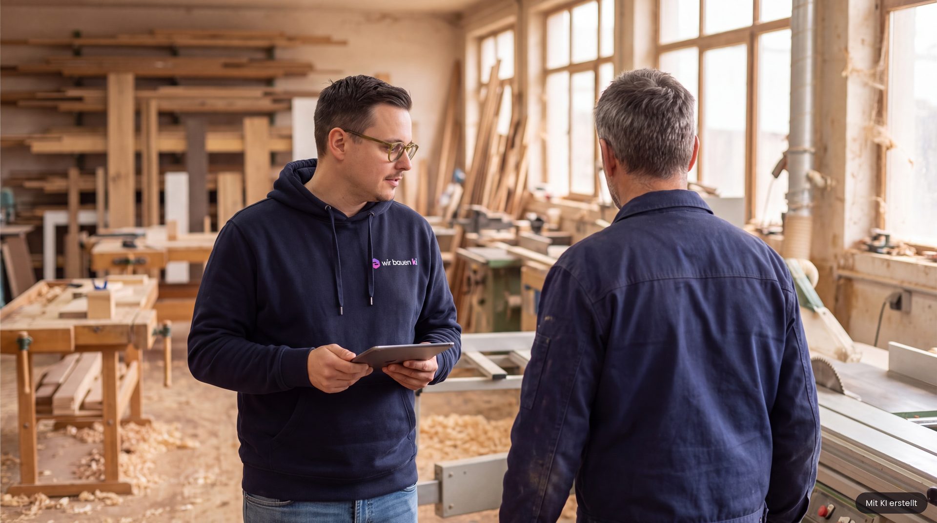 Paul Kretzschmar mit einem Betriebsinhaber in der Werkstatt, Tablet in der Hand. Mit KI erstellt.