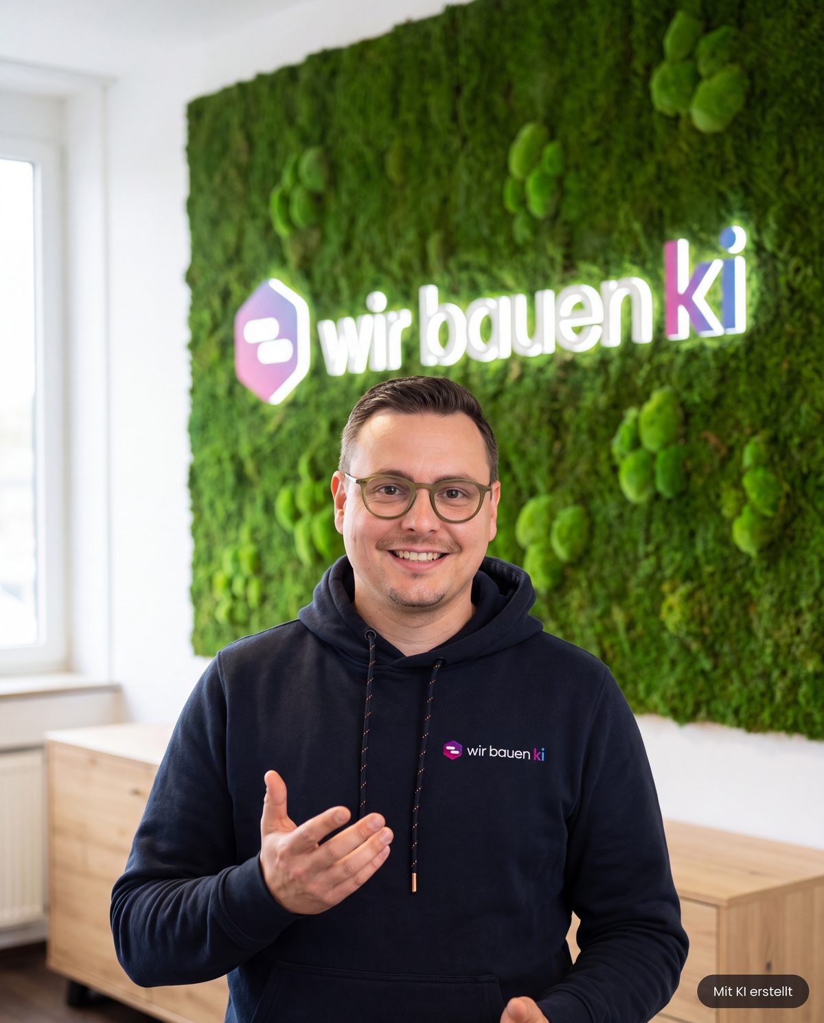 Paul Kretzschmar vor der Moos-Wand mit dem Logo von wir bauen ki. Das Bild ist mit KI erstellt und im Bild entsprechend gekennzeichnet.